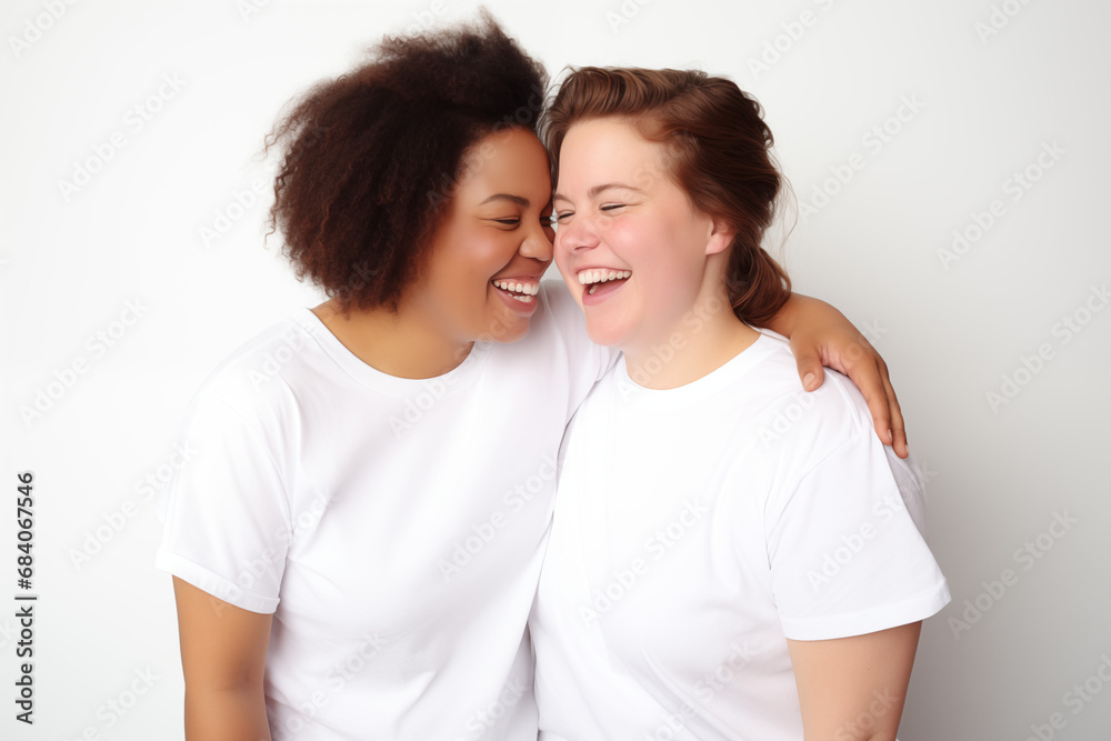 Studio Portrait of Two Laughing Young Women in White T-shirts, One Embracing the Other, Exuding Strong Emotions and Genuine Laughter Studio Portrait of Two Laughing Young Women in White T-shirts, One Embracing the Other, Exuding Strong Emotions and Genuine Laughter