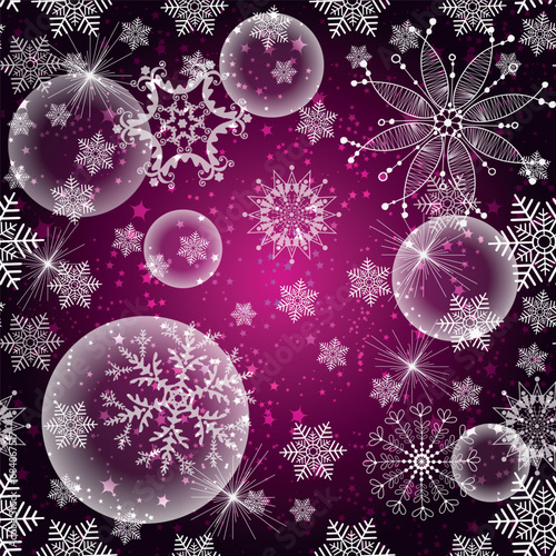 Vector purple gradient seamless pattern with white balls and vintage snowflakes.