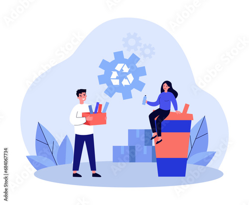 Huge disposal paper cup with woman sitting on it. Man with box with processed products. Vector illustration. Recycle sign. Eco-friendly production concept