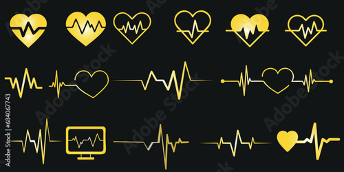 Heartbeat vector illustration, heart shapes on black background. Perfect for medical, health, love themes. Glowing hearts, arranged horizontally, connected by ECG line. 