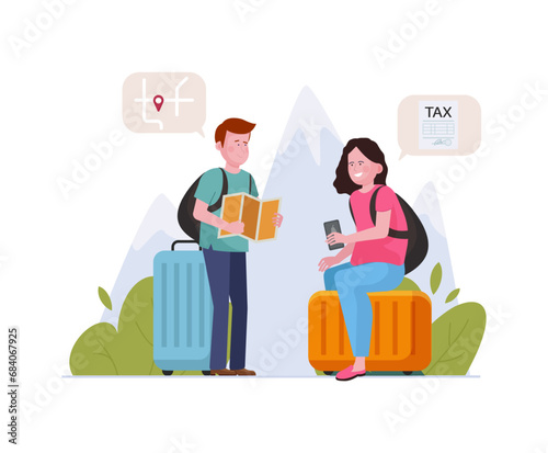 Tourists with suitcases, map and smartphone vector illustration. Man and woman thinking of tour itinerary and calculating tax amount. High level of tourist tax, tourism concept