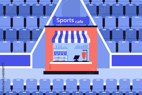 Concession stand at sports stadium vector illustration. Rows of seats on background. Sports event, cafe concept