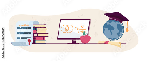 Books, computer with formula, globe with graduation cap. Vector illustration. Admission letter, passing entrance exam. Graduation, academic achievements, education concept