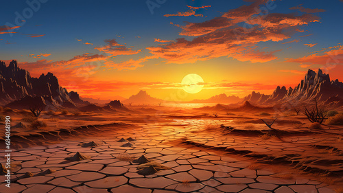 Arid desert landscape in sunset, Science fiction digital painting. Generative Ai