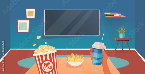 Huge TV set, popcorn, snacks vector illustration. Movie night essentials. Hobby, free time, spending time at home concept