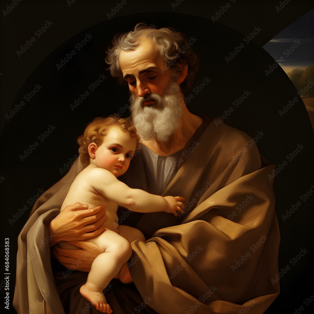 Saint Joseph hugging baby Jesus, Son of God, Christmas nativity scene - obrazy, fototapety, plakaty 