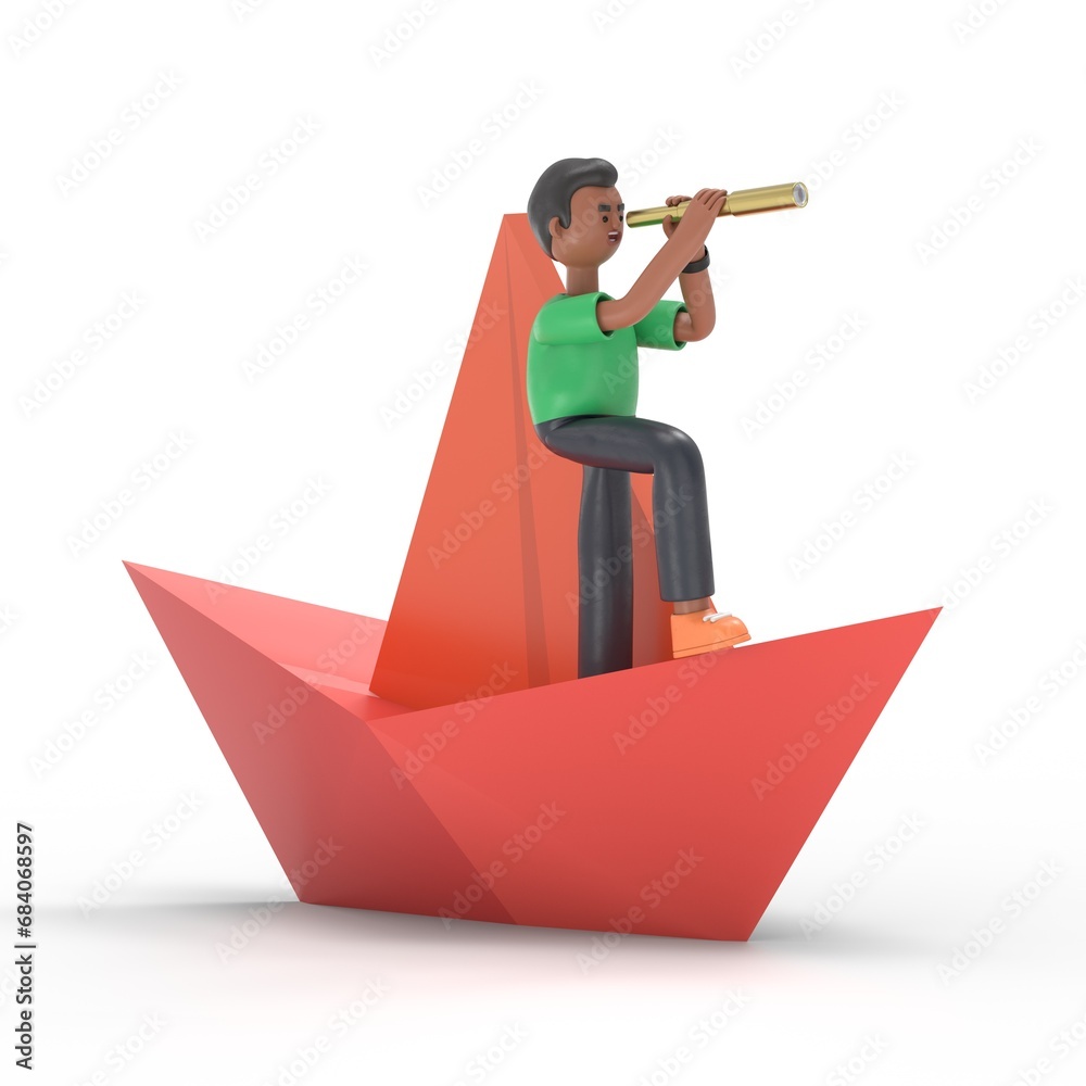 3D illustration of handsome afro man David.Direction of business and management. Paper boat, Ship on water, Flat business cartoon, Leadership concept.3D rendering on white background.
