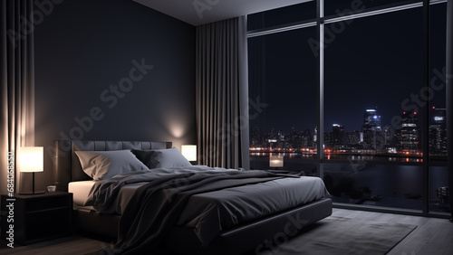 A high-rise hotel bedroom with a great night view of the city. The night view of the city fills the window © 대연 김