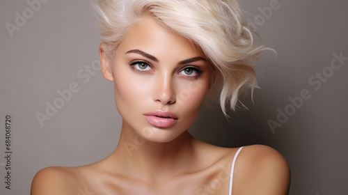 Portrait of a beautiful blonde girl with a short haircut. Gray background.