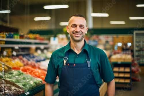 Portrait of the employee man in the supermarket or grocery background. photo