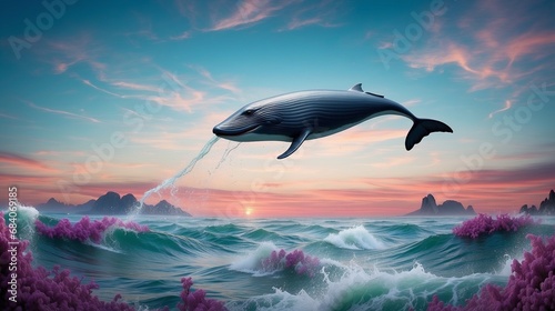 Whales swimming in the air with some coral reefs around it. Surrealism illustration 