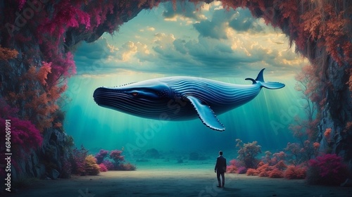 Whales swimming in the air with some coral reefs around it. Surrealism illustration 