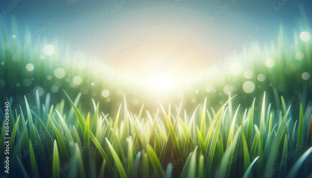 Dewdrops on green grass with a radiant sunrise in the soft focus background. Generative AI
