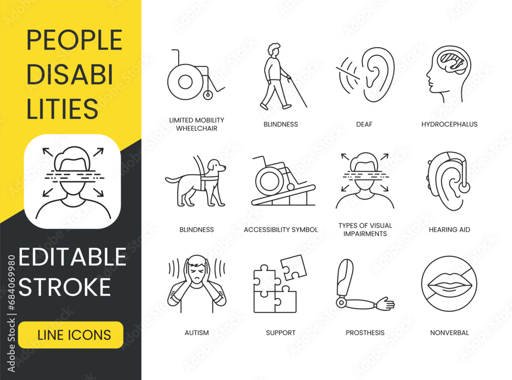 Fotografie Accessibility icons set for people with disabilities, editable stroke