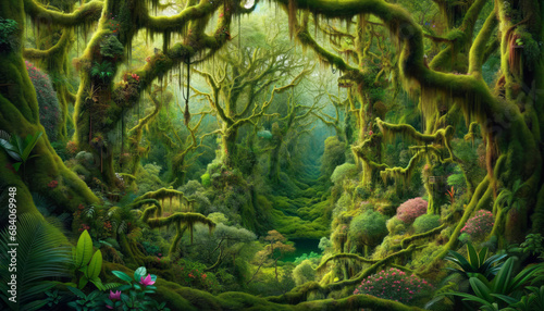 Verdant jungle enshrouded in moss with sunlight filtering through fog. Enchanted forest concept. Generative AI