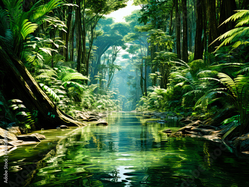 Reflective river meandering through a dense, mystical jungle, with sunrays in the background. Fantasy ambiance concept. Generative AI © Who is Danny