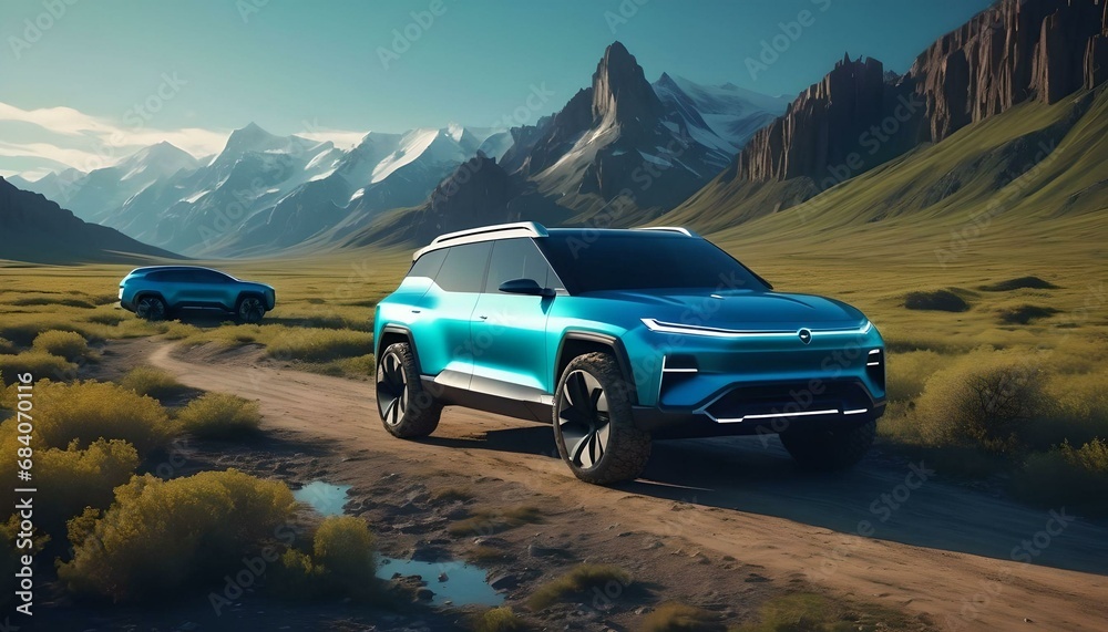 Futuristic Electric SUV in Epic Landscape