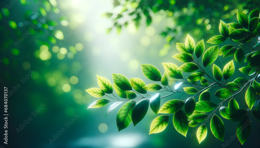Green leaves background with bokeh effect and sunlight. Nature concept. Generative AI Green leaves background with bokeh effect and sunlight. Nature concept. Generative AI