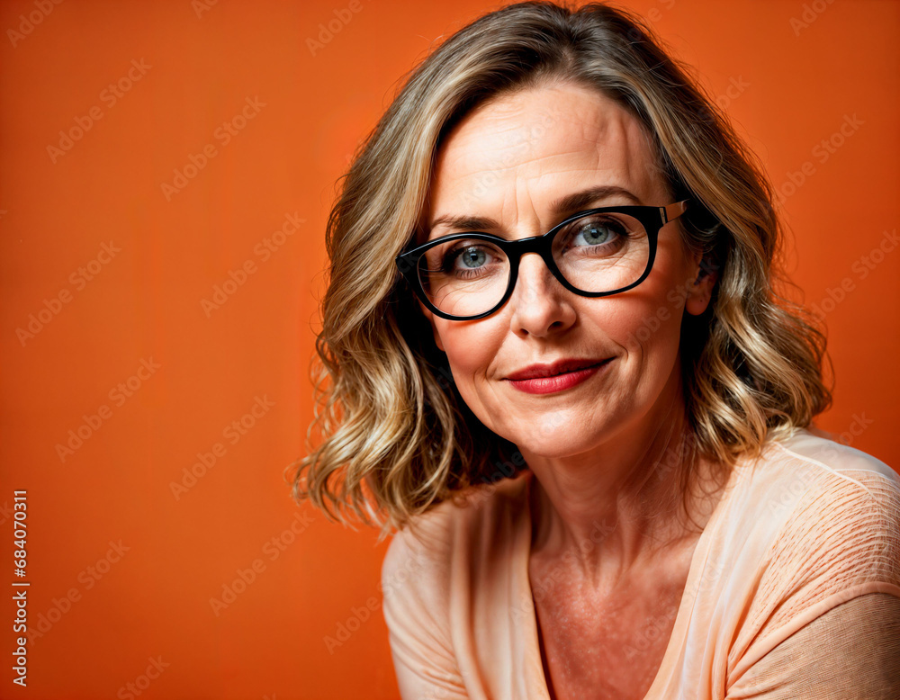 photo of beautiful middle aged woman with bold black frame glasses on orange background backdrop, generative AI photo of beautiful middle aged woman with bold black frame glasses on orange background backdrop, generative AI