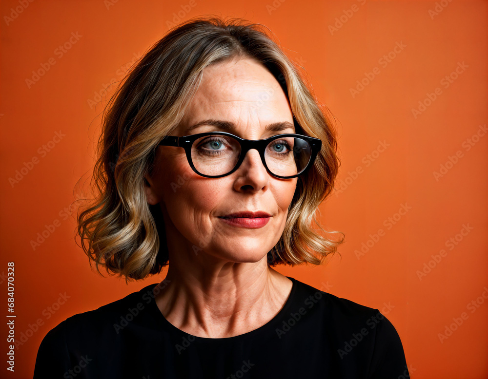photo of beautiful middle aged woman with bold black frame glasses on orange background backdrop, generative AI photo of beautiful middle aged woman with bold black frame glasses on orange background backdrop, generative AI