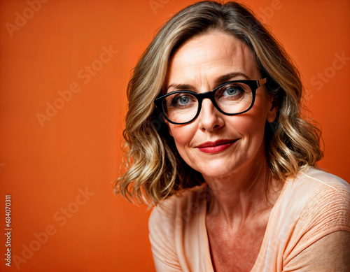 photo of beautiful middle aged woman with bold black frame glasses on orange background backdrop  generative AI