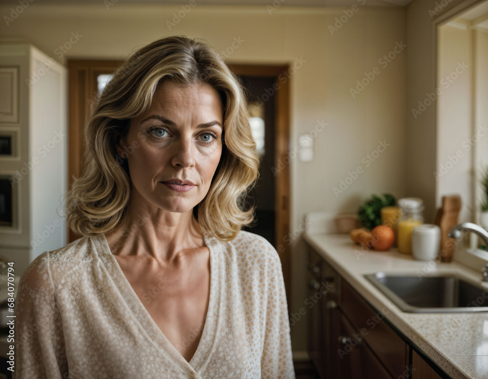 photo of beautiful middle aged american woman as a housewife at kitchen room in home, generative AI photo of beautiful middle aged american woman as a housewife at kitchen room in home, generative AI