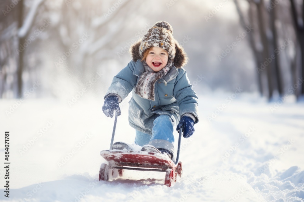Funny little child runs on sledge in snow. Active sports games in winter time. Happy winter holidays concept. comeliness