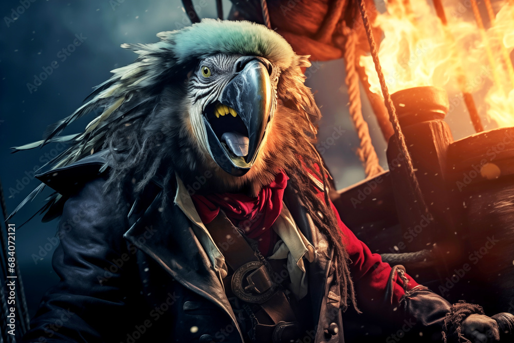 Obraz premium parrot in a pirate costume. Sea adventures. Viking beast on a ship