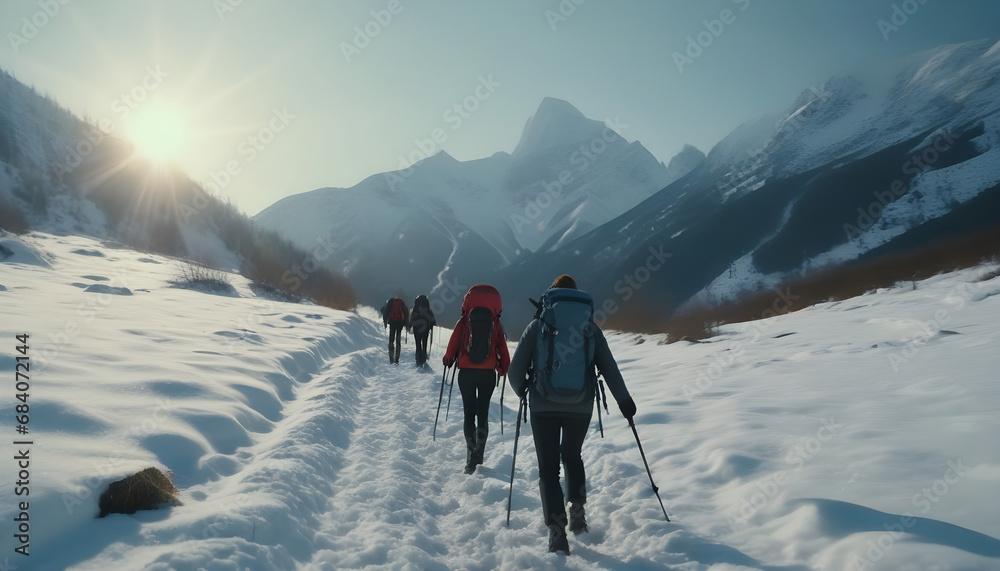 Hikers navigating a snowy mountain trail ai generation
