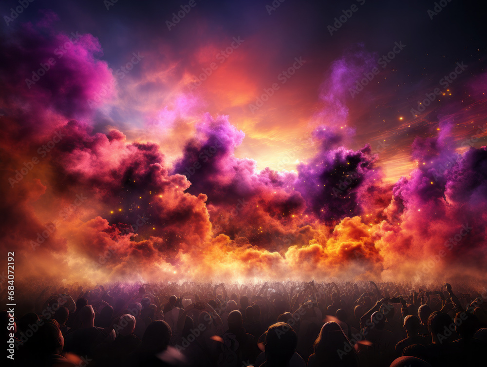 Vivid concert with crowd under a surreal sky. Generative AI