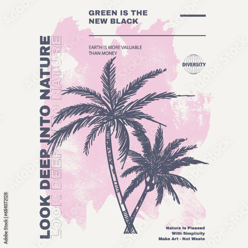 Summer Palm tree With Text print inside Brush Effects, Natural palm tree hand drawn sketch , Tropical summer Beach Palm tree t shirt print