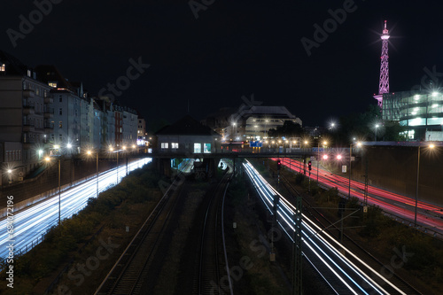 Berlin - Funkturm - Nacht - Deutschland - Hauptstadt - Langzeitbelichtung - Autobahn - Strasse - Traffic - Travel - Background - Line - Ecology - Highway - Motorway - Night Traffic - Light Trails