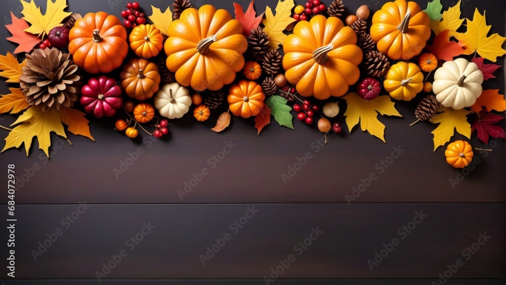 Autumn or Thanksgiving decoration arranged at the top border of a dark table Autumn or Thanksgiving decoration arranged at the top border of a dark table