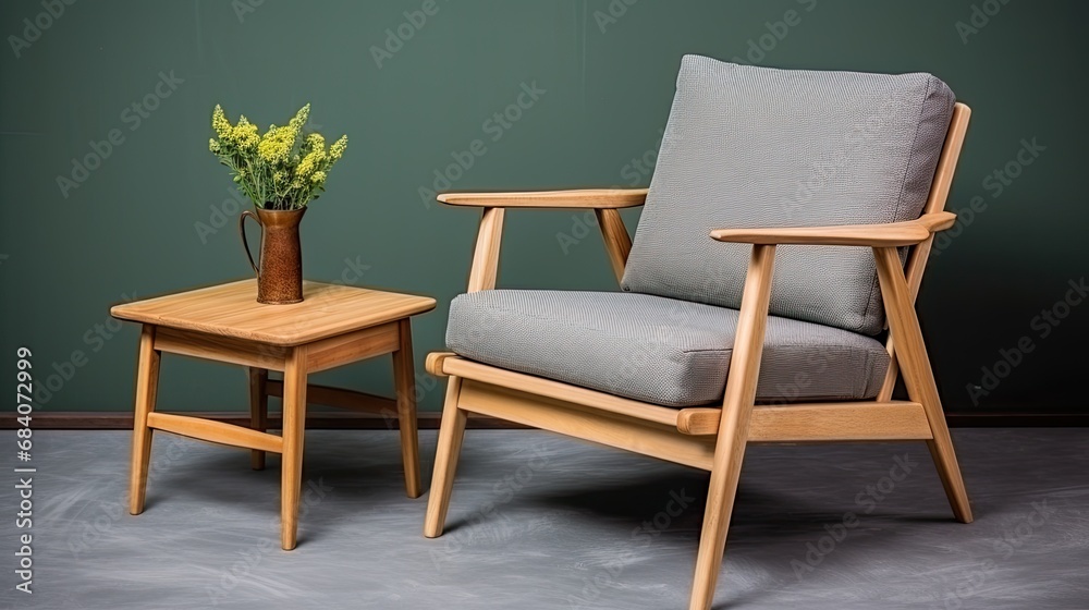 Minimalist composition of Scandinavian living room with design. Gray armchair and wooden coffee table and copy space in retro home decoration. Minimalist composition of Scandinavian living room with design. Gray armchair and wooden coffee table and copy space in retro home decoration.