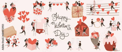 Banner for Valentine's Day. Cute illustrations. Couple in love. Cute elements for holiday cards