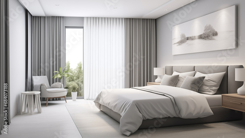 Modern hotel bedroom design in white and gray tones