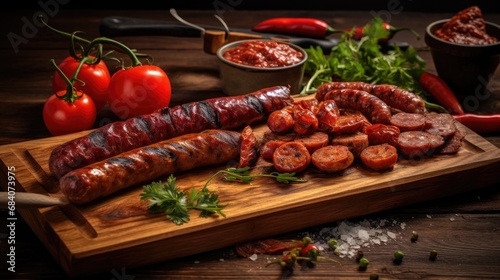 Assorted chorizo sausages on a wooden cutting board.