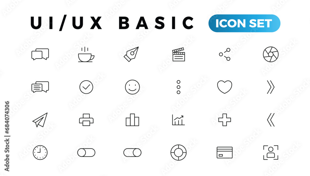 Basic User Interface Essential Set. ui/ux Line Outline Icons. For App, Web, Print. Editable Stroke. Basic User Interface Essential Set. ui/ux Line Outline Icons. For App, Web, Print. Editable Stroke.