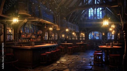 Fantasy old tavern with simple lighting. seamless looping virtual video background animation, anime illustration style. Generated with AI photo