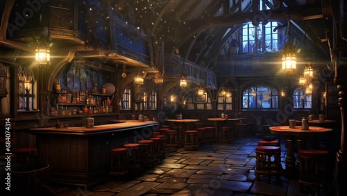 Fantasy old tavern with simple lighting. seamless looping virtual video background animation, anime illustration style. Generated with AI