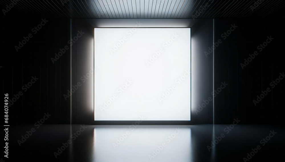 Backlit empty gallery panel in a darkened room. Minimalist design concept. Generative AI - obrazy, fototapety, plakaty 