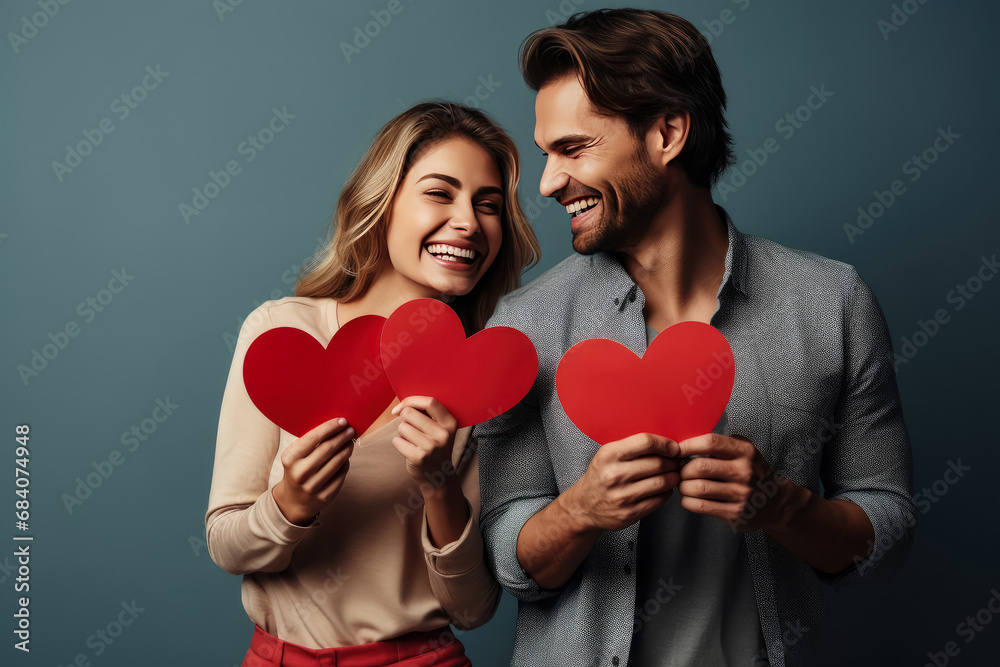 Happy young couple smileing and holding red hearts isolated on gray background