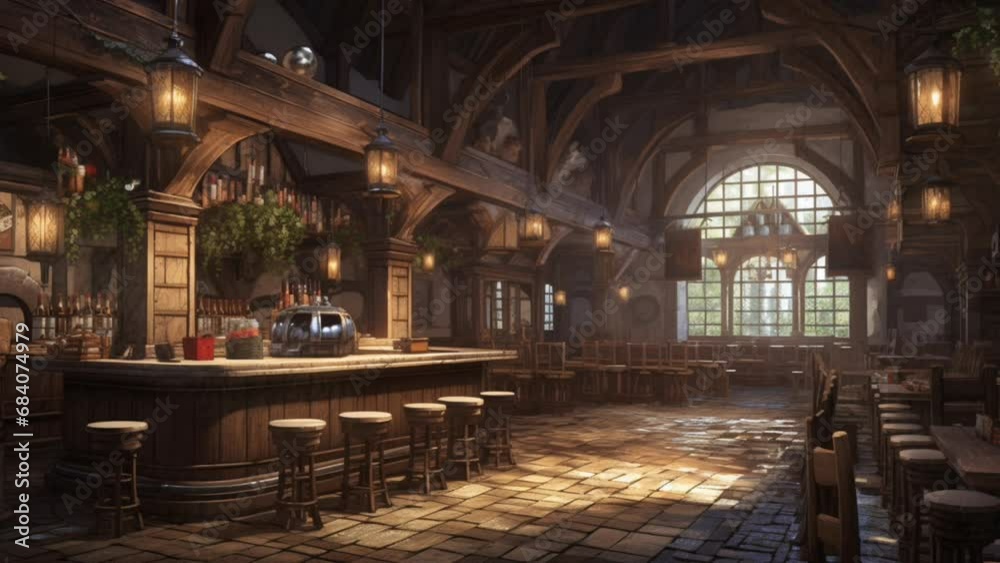 Fantasy old tavern with simple lighting. seamless looping virtual video background animation, anime illustration style. Generated with AI