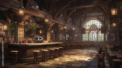 Fantasy old tavern with simple lighting. seamless looping virtual video background animation, anime illustration style. Generated with AI photo