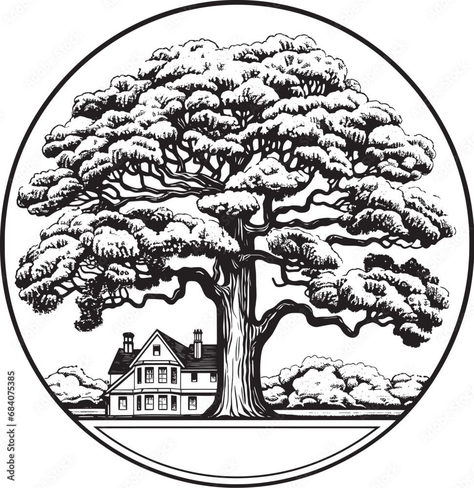 lack and white vector illustration featuring a grand oak tree beside an antique residence. Ideal for logo design. lack and white vector illustration featuring a grand oak tree beside an antique residence. Ideal for logo design.