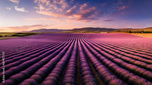 An aerial view of a lavender field with mountains in the background. Generative Ai 