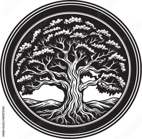 Vector oak tree illustration encapsulates the essence of life in a circular logo.