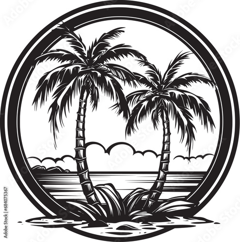  A minimalist black and white beach logo illustration featuring two palm trees in a stencil style.