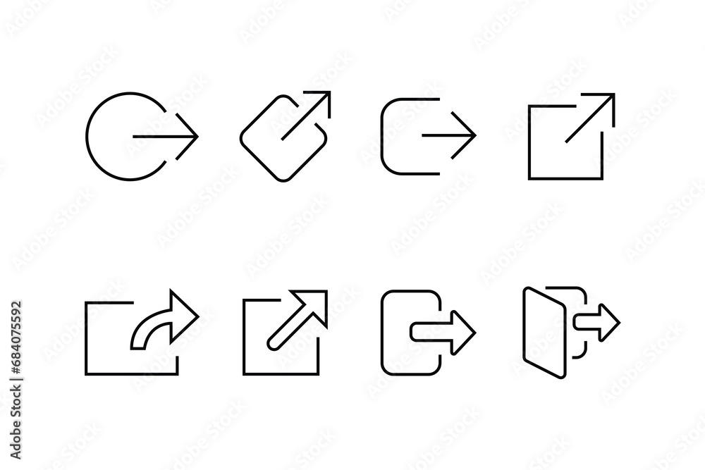 Set Open in new window, Arrow showing the user that they will leave app icons on white background. Open another tab button sign browser frame symbol. External link Line, outline linear Vector - obrazy, fototapety, plakaty 