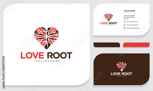 Creative abstract root of life with heart combination on logo and business card design template